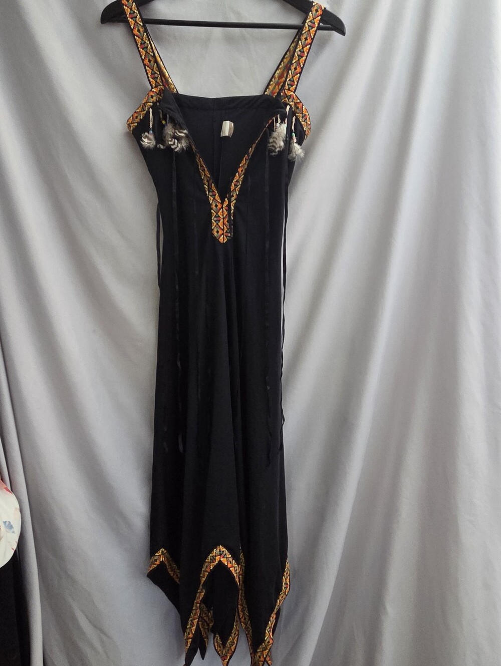 Vintage Black Embroidered Boho Maxi Dress with Feather Accents